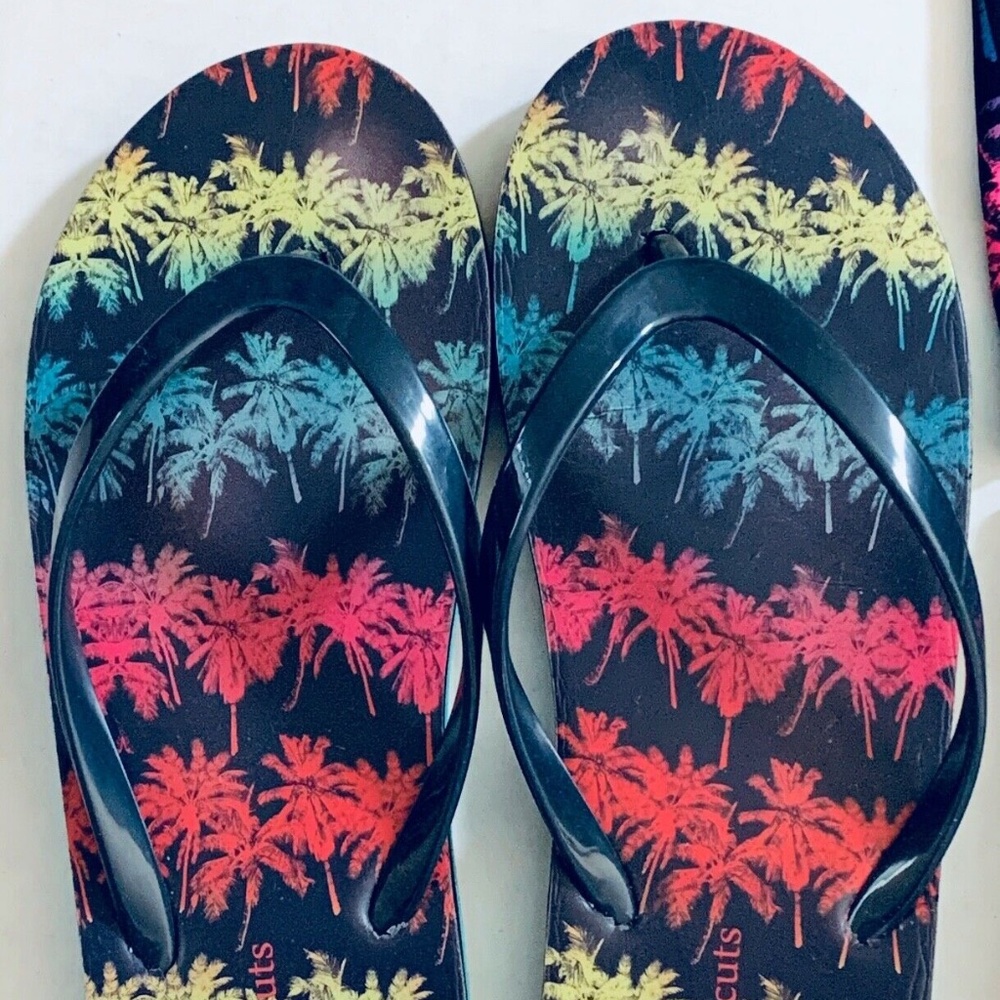 Crewcuts by J.Crew Kids FLIP FLOPS Girls Sz 4 Palm Tree Navy Neon Sandals